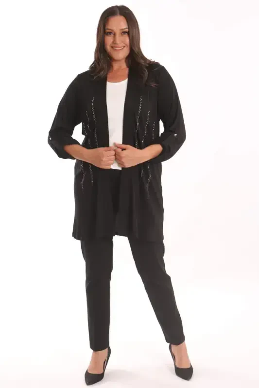 Angelino Plus Size Black Stone Printed Long Cardigan - 4