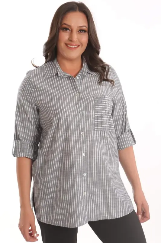 Angelino Plus Size Black Stone Printed Shirt with Aller - BÜYÜKBEDENIZ