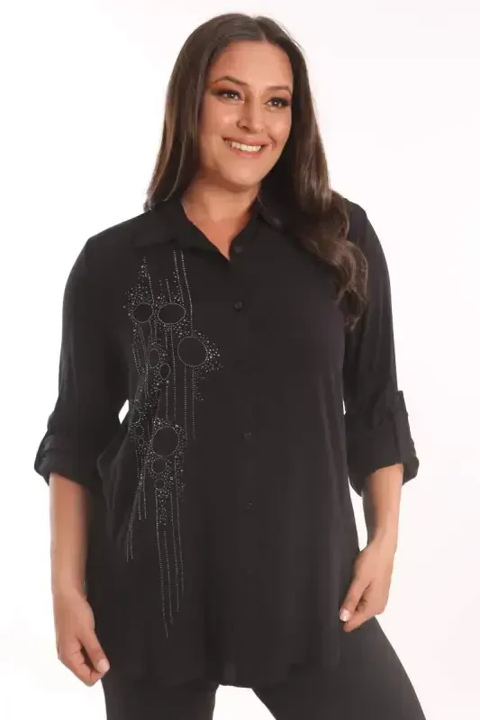 Angelino Plus Size Black Stone Printed Woven Shirt - 1