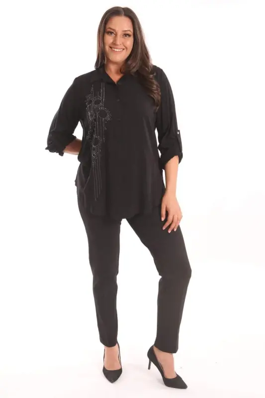 Angelino Plus Size Black Stone Printed Woven Shirt - 2