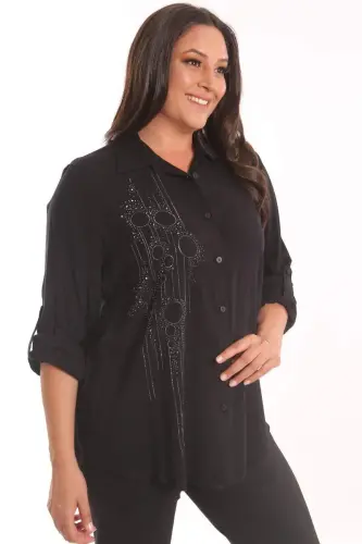 Angelino Plus Size Black Stone Printed Woven Shirt - 3