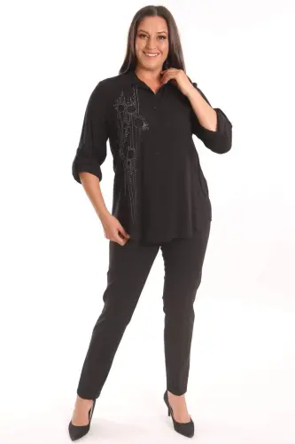 Angelino Plus Size Black Stone Printed Woven Shirt - 4