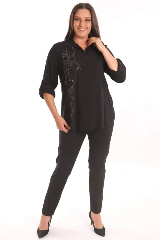 Angelino Plus Size Black Stone Printed Woven Shirt - 4