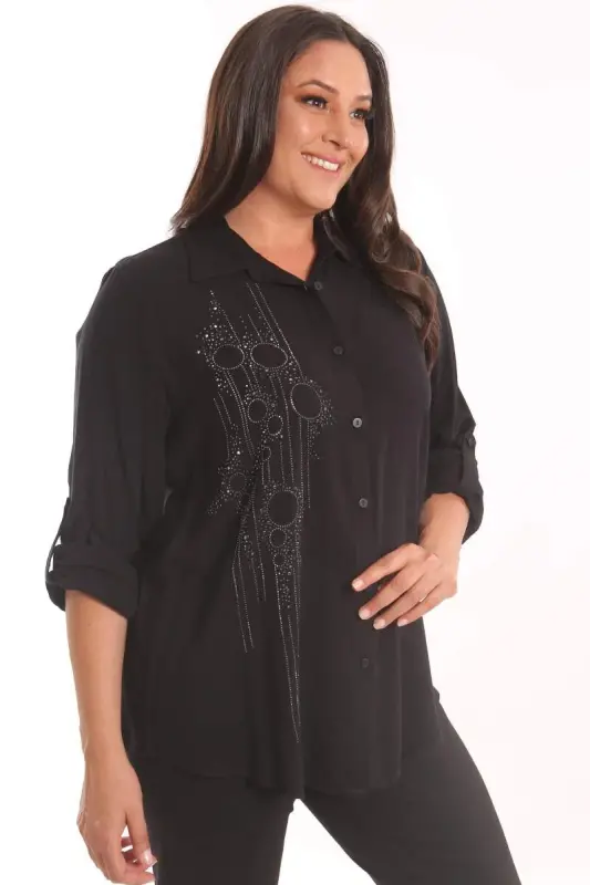 Angelino Plus Size Black Stone Printed Woven Shirt - 3
