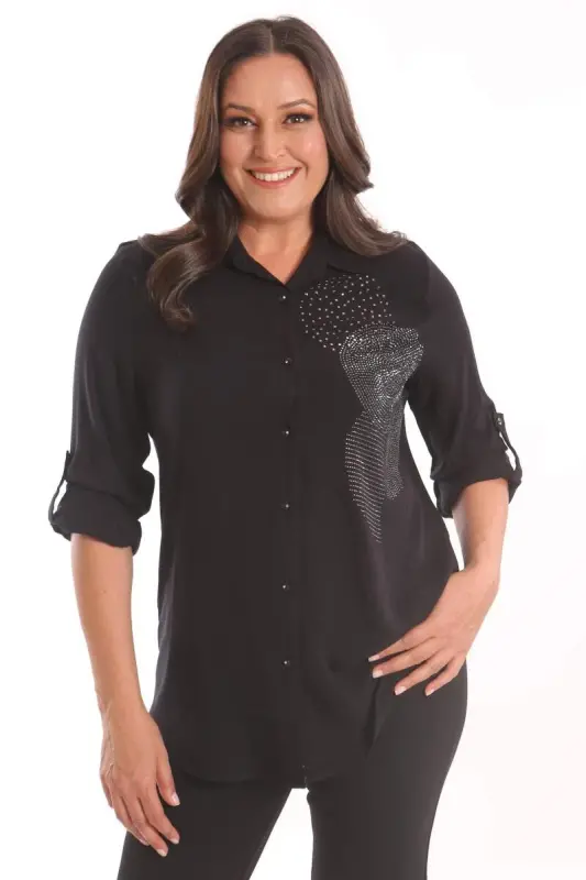 Angelino Plus Size Black Stone Printed Woven Shirt - 1