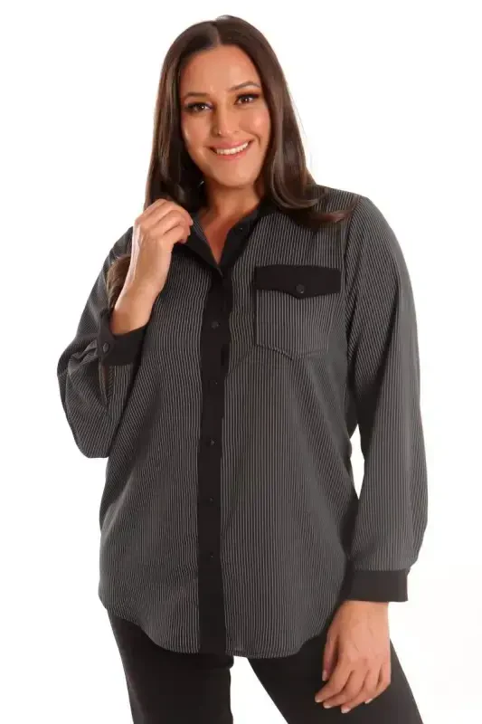 Angelino Plus Size Black Striped Pocket Shirt - 1