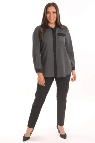 Angelino Plus Size Black Striped Pocket Shirt - BÜYÜKBEDENIZ (1)