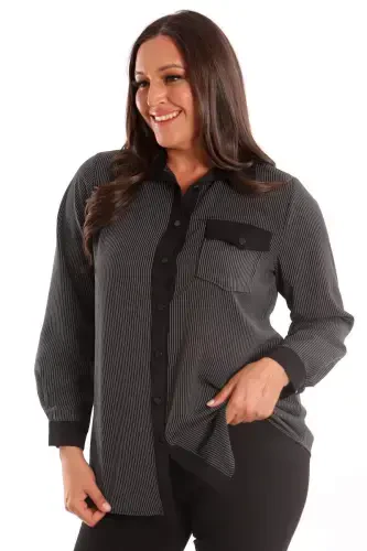 Angelino Plus Size Black Striped Pocket Shirt - 3