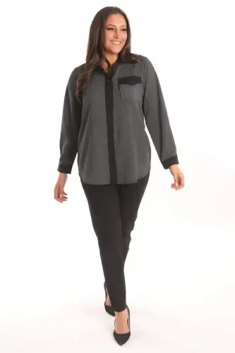 Angelino Plus Size Black Striped Pocket Shirt - 4