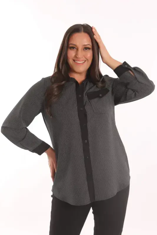 Angelino Plus Size Black Striped Pocket Shirt - 5