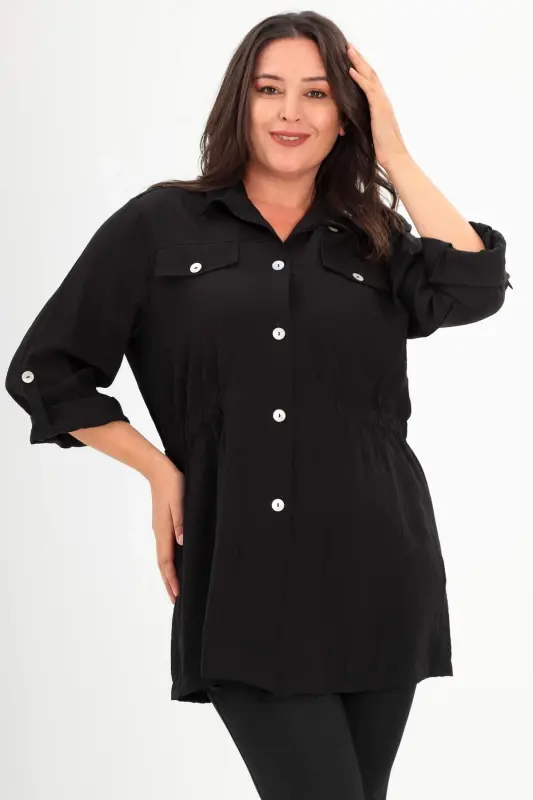 Angelino Plus Size Black Trench Coat with Shoulder Epaulettes and Pocket Flaps - 1
