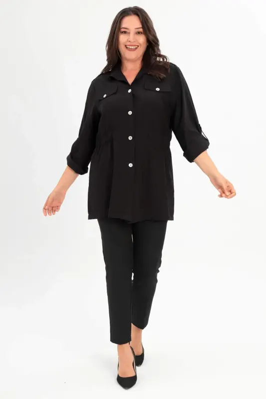 Angelino Plus Size Black Trench Coat with Shoulder Epaulettes and Pocket Flaps - 2