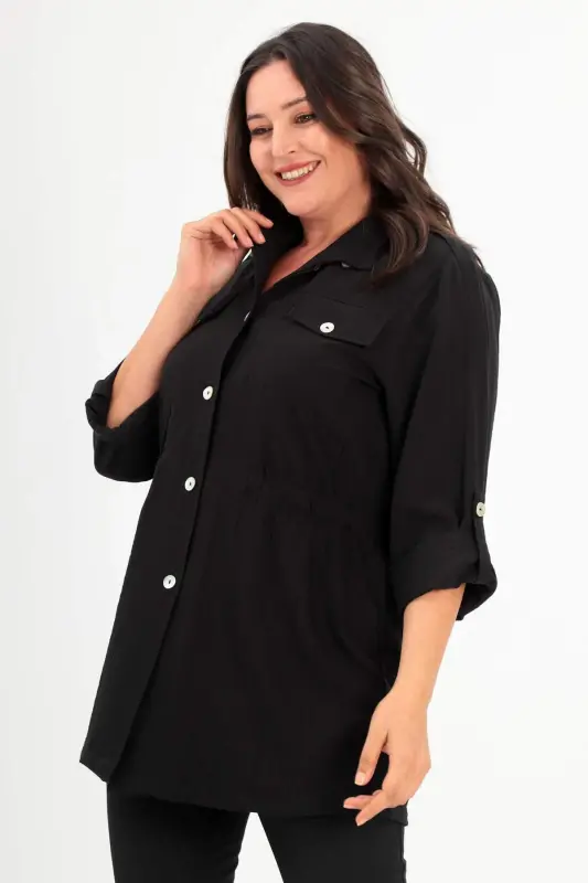 Angelino Plus Size Black Trench Coat with Shoulder Epaulettes and Pocket Flaps - 3
