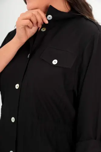 Angelino Plus Size Black Trench Coat with Shoulder Epaulettes and Pocket Flaps - 4