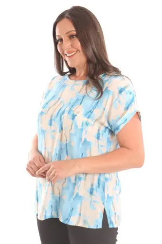 Angelino Plus Size Blue Batik Patterned Drop Shoulder Blouse - 1