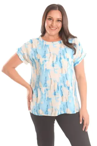 Angelino Plus Size Blue Batik Patterned Drop Shoulder Blouse - 3