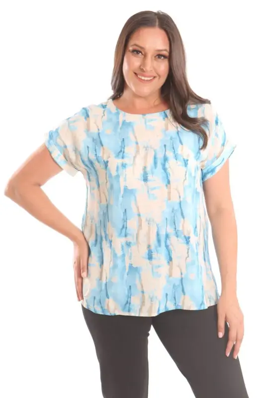 Angelino Plus Size Blue Batik Patterned Drop Shoulder Blouse - 3