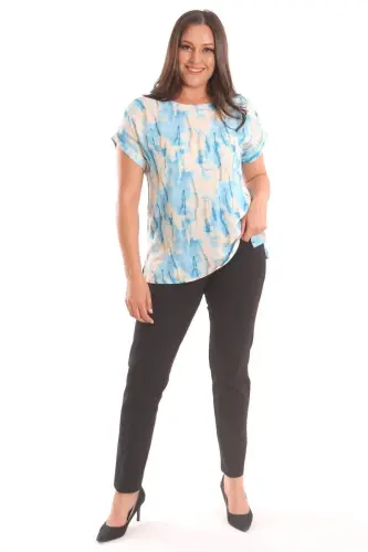 Angelino Plus Size Blue Batik Patterned Drop Shoulder Blouse - 4