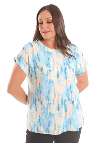 Angelino Plus Size Blue Batik Patterned Drop Shoulder Blouse - 5