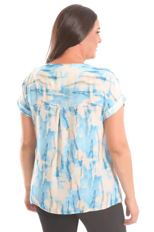 Angelino Plus Size Blue Batik Patterned Drop Shoulder Blouse - 6