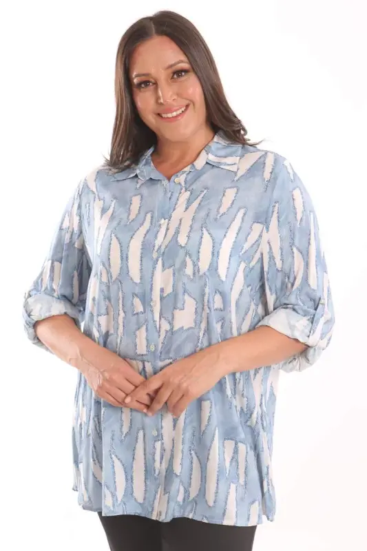 Angelino Plus Size Blue Digital Printed Patterned Shirt - BÜYÜKBEDENIZ