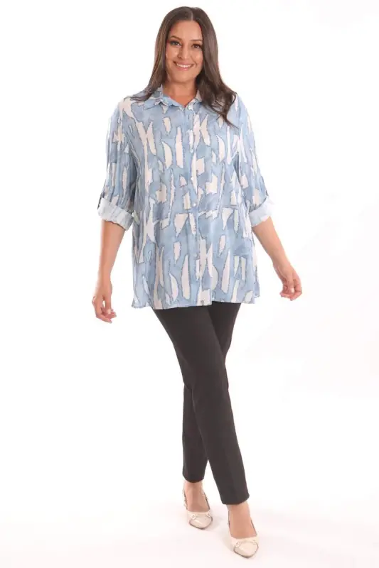 Angelino Plus Size Blue Digital Printed Patterned Shirt - 2