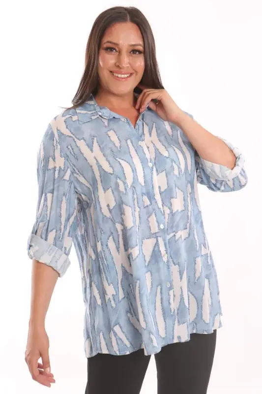 Angelino Plus Size Blue Digital Printed Patterned Shirt - 3