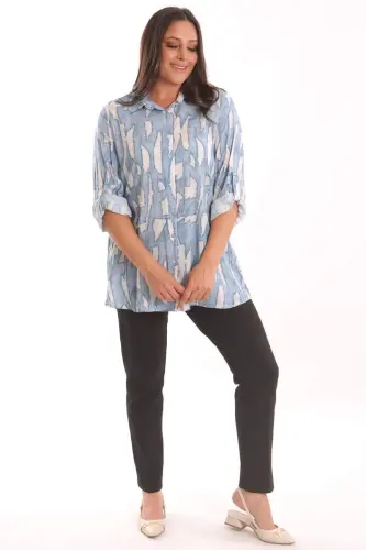 Angelino Plus Size Blue Digital Printed Patterned Shirt - 4