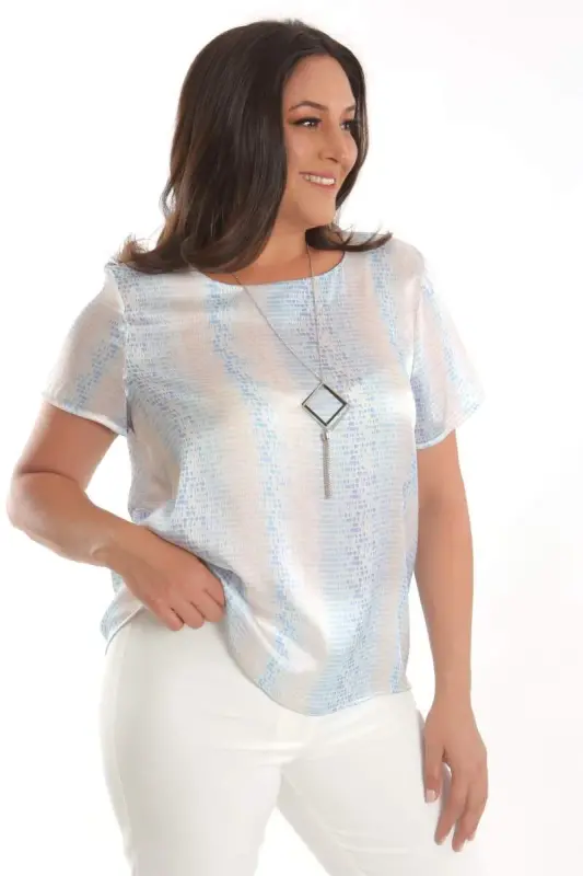 Angelino Plus Size Blue Drop Pattern Short Sleeve Blouse - 2