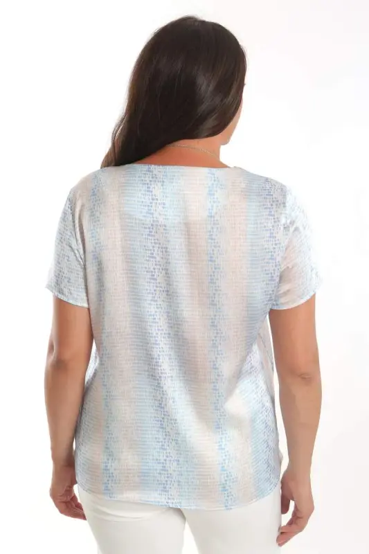Angelino Plus Size Blue Drop Pattern Short Sleeve Blouse - 4
