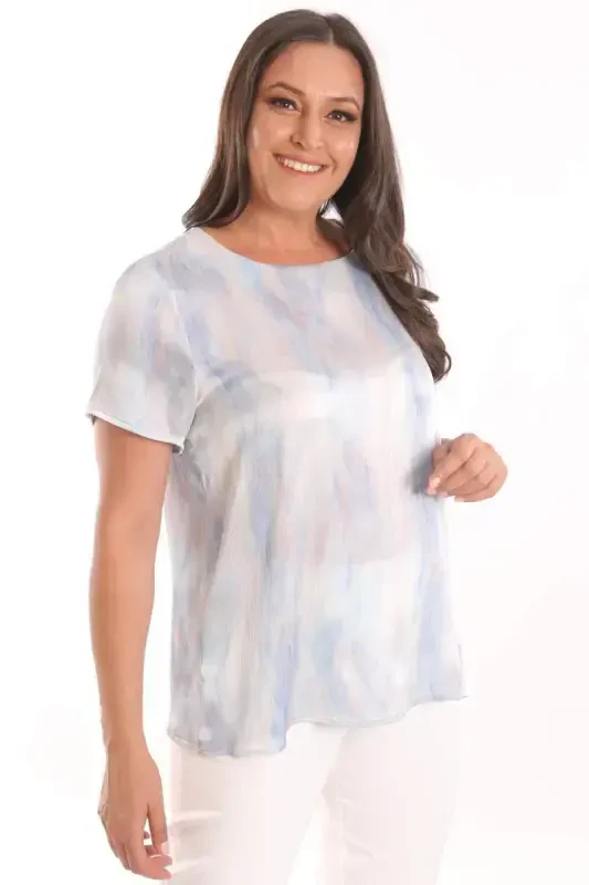 Angelino Plus Size Blue Patterned Short Sleeve Blouse - BÜYÜKBEDENIZ