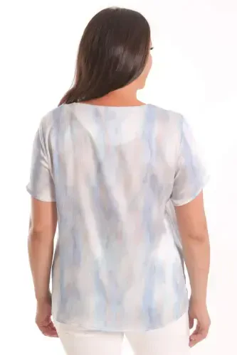 Angelino Plus Size Blue Patterned Short Sleeve Blouse - 5