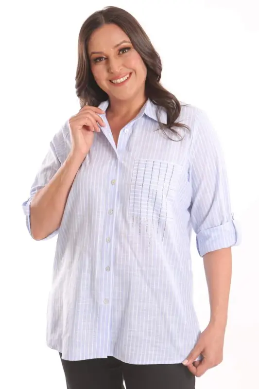 Angelino Plus Size Blue Pocket Stone Printed Striped Shirt - BÜYÜKBEDENIZ