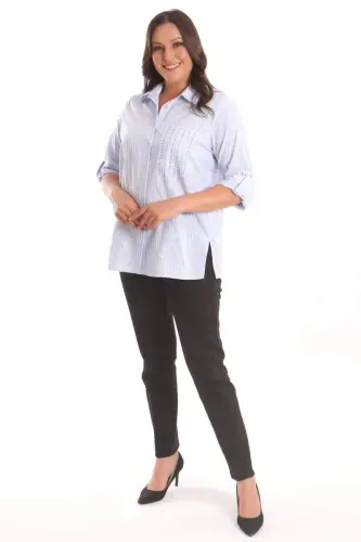 Angelino Plus Size Blue Pocket Stone Printed Striped Shirt - BÜYÜKBEDENIZ (1)