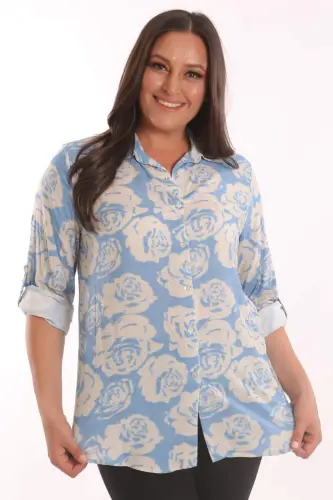 Angelino Plus Size Blue Rose Patterned Viscose Shirt - 4
