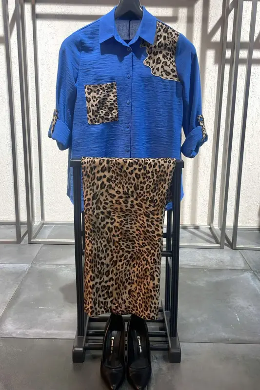 Angelino Plus Size Blue Shirt with Leopard Embroidery and Decorative Pocket Detail - BÜYÜKBEDENIZ
