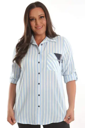 Angelino Plus Size Blue Stone Printed Striped Shirt - 1