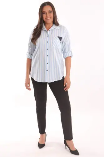 Angelino Plus Size Blue Stone Printed Striped Shirt - 4