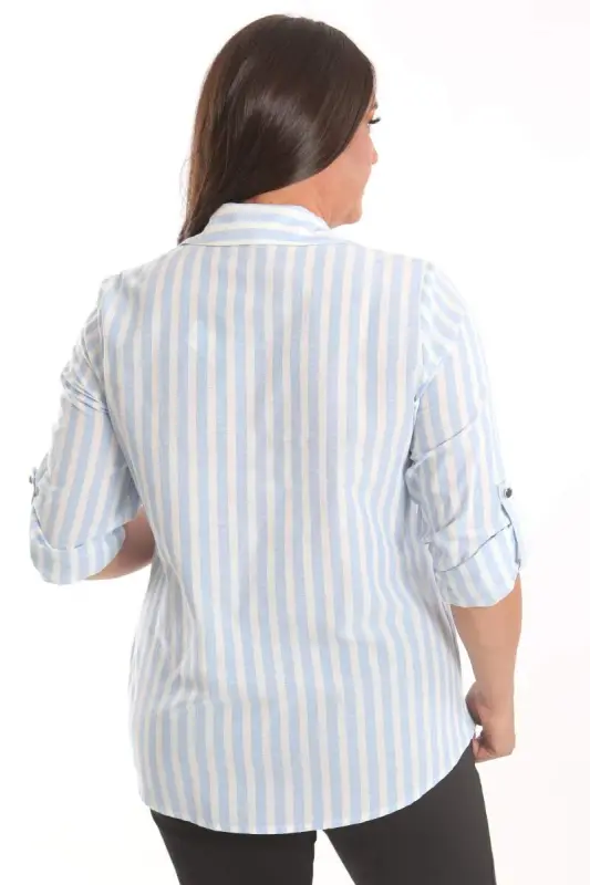 Angelino Plus Size Blue Stone Printed Striped Shirt - 5