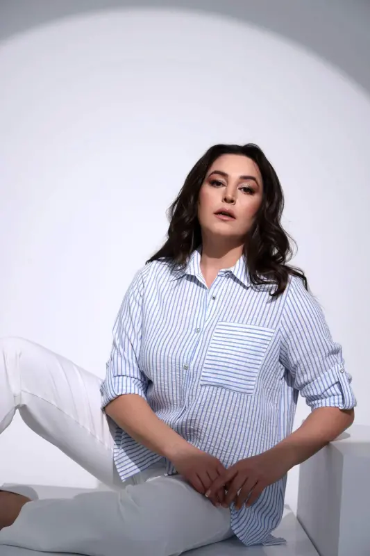 Angelino Plus Size Blue Striped Single Pocket Shirt - BÜYÜKBEDENIZ