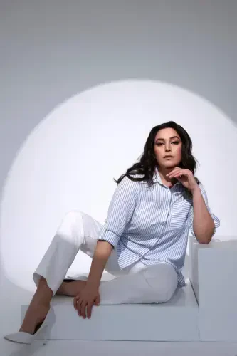 Angelino Plus Size Blue Striped Single Pocket Shirt - 11