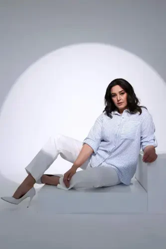 Angelino Plus Size Blue Striped Single Pocket Shirt - 10