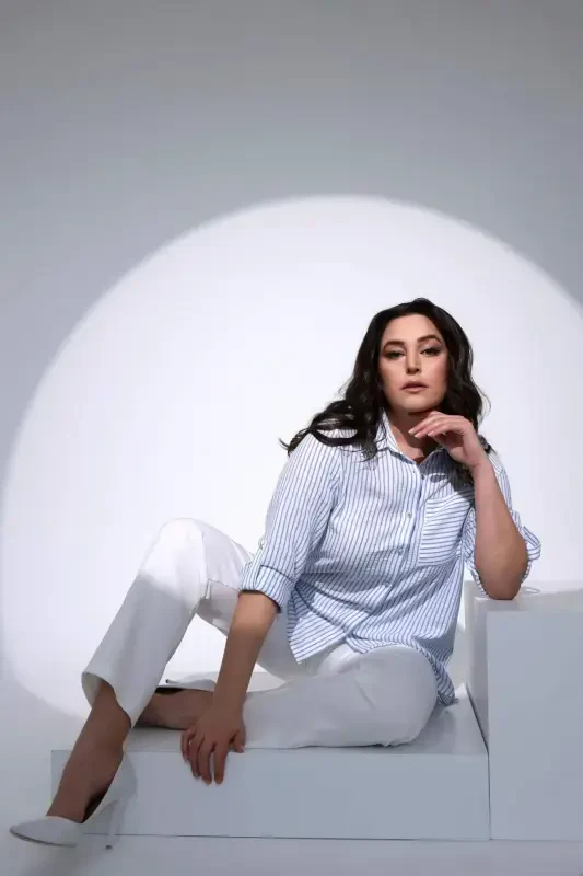 Angelino Plus Size Blue Striped Single Pocket Shirt - 5