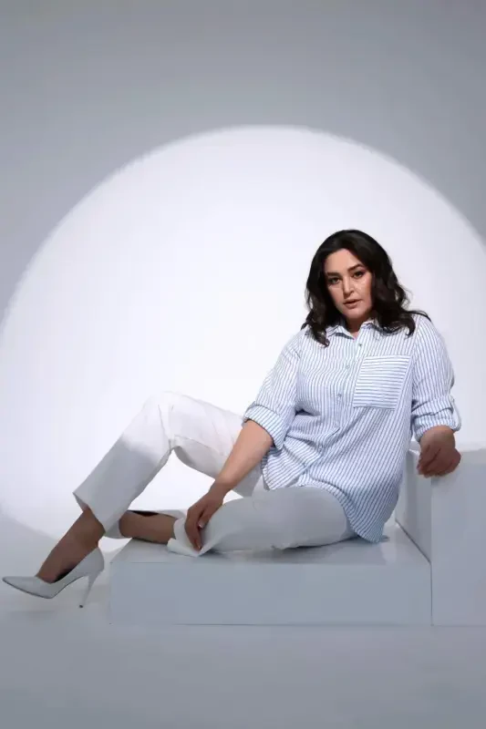 Angelino Plus Size Blue Striped Single Pocket Shirt - 6