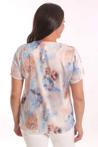 Angelino Plus Size Blue Transition Patterned Short Sleeve Blouse - 5