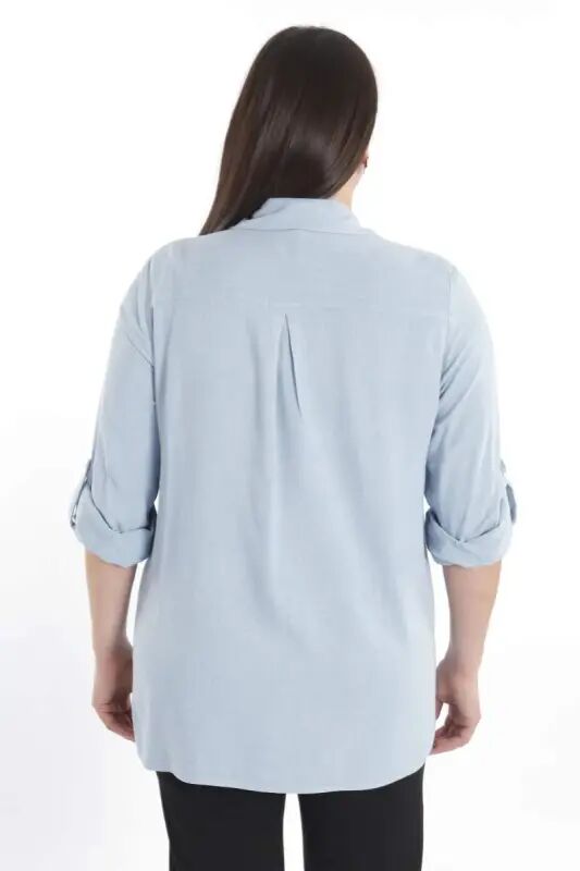 Angelino Plus Size Blue Woven Shirt with Stone Print - 5