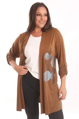 Angelino Plus Size Brown Circle Pattern Stone Printed Long Cardigan - 3