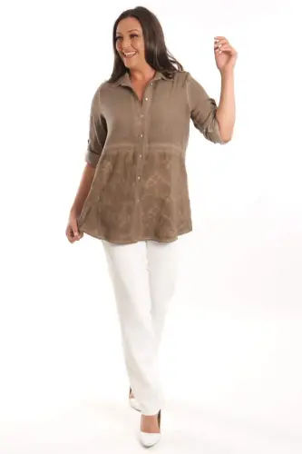 Angelino Plus Size Brown Embroidered Front Bottom Batik Wash Shirt - 1
