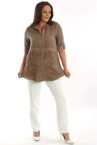 Angelino Plus Size Brown Embroidered Front Bottom Batik Wash Shirt - 3
