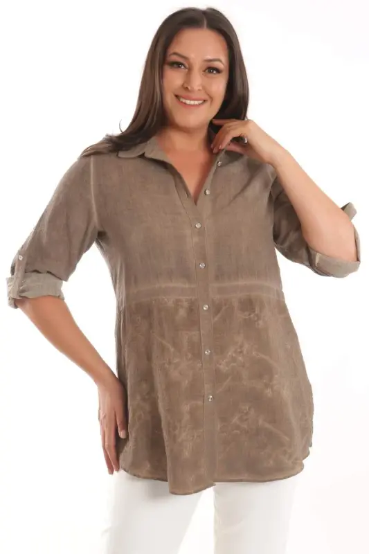 Angelino Plus Size Brown Embroidered Front Bottom Batik Wash Shirt - 4